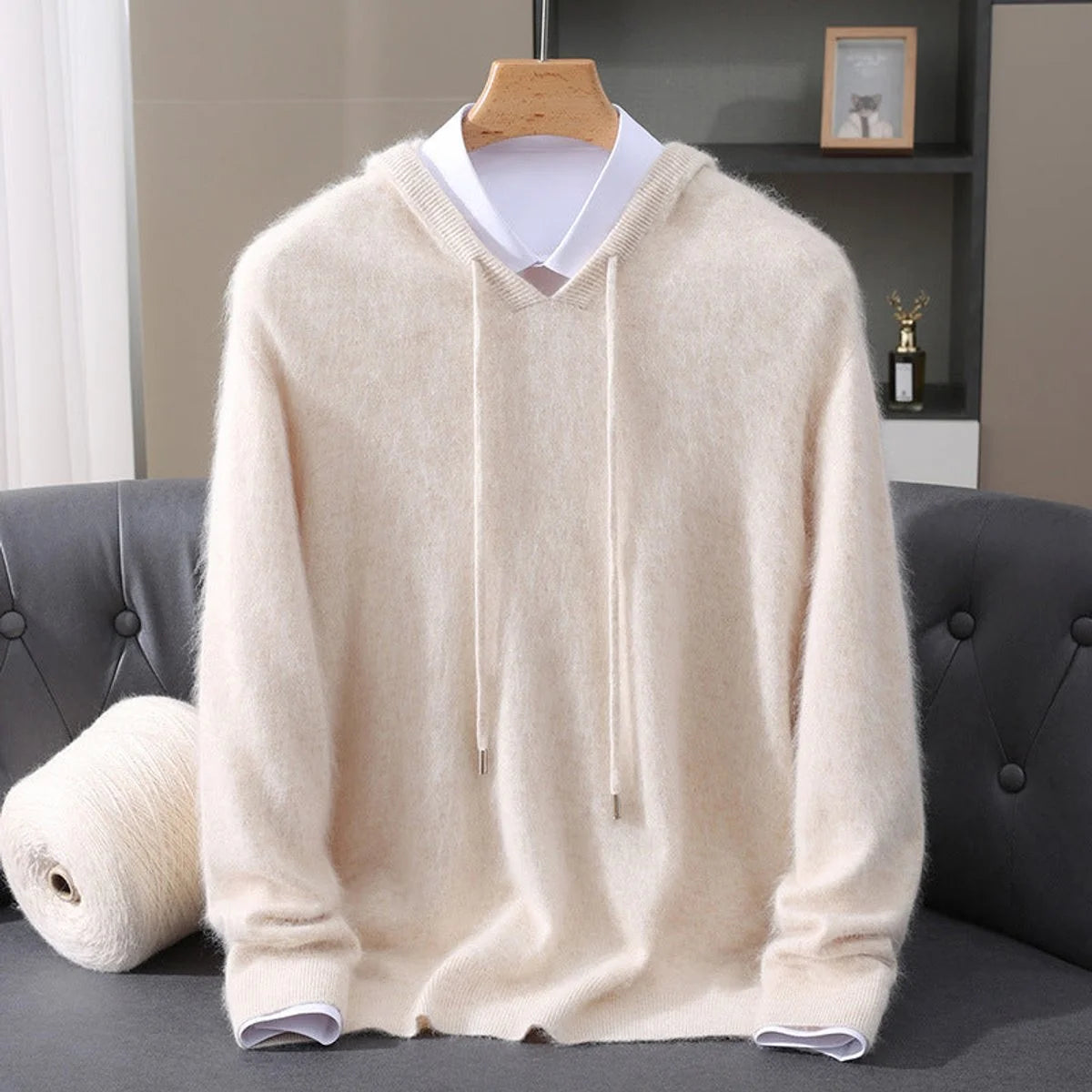 Men's Hooded Cashmere Pullover with Adjustable Drawstring for Versatile Wear 1