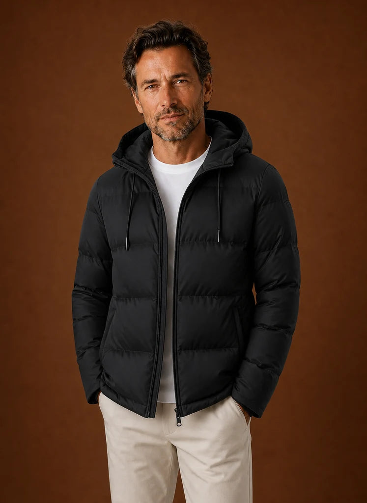 Men's Hooded Puffer Jacket with Zip Front and Hand Pockets 0