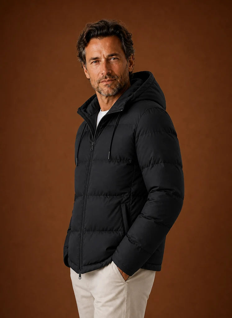 Men's Hooded Puffer Jacket with Zip Front and Hand Pockets 1