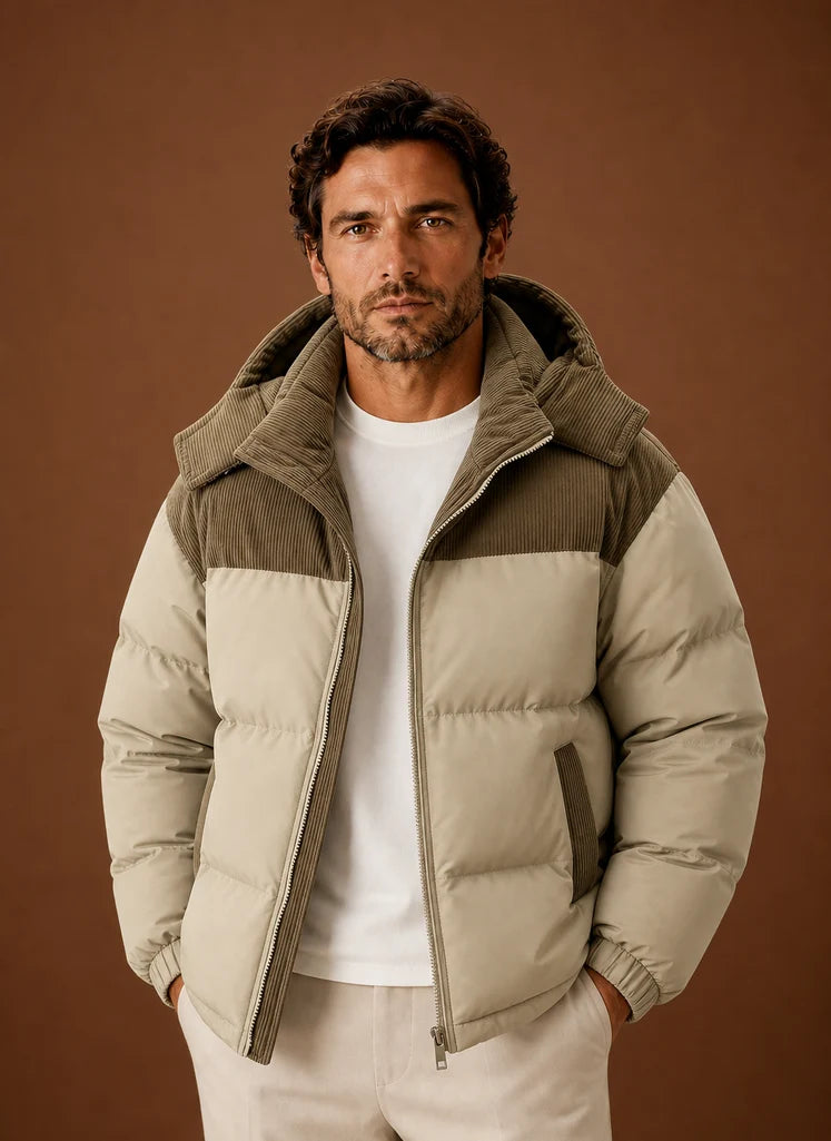 Men's Hooded Winter Puffer Jacket with Corduroy Collar, Tailored Fit 0