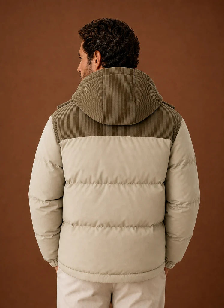 Men's Hooded Winter Puffer Jacket with Corduroy Collar, Tailored Fit 1