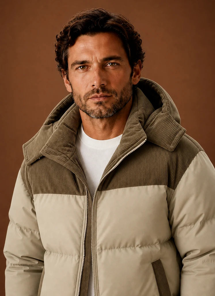 Men's Hooded Winter Puffer Jacket with Corduroy Collar, Tailored Fit 2
