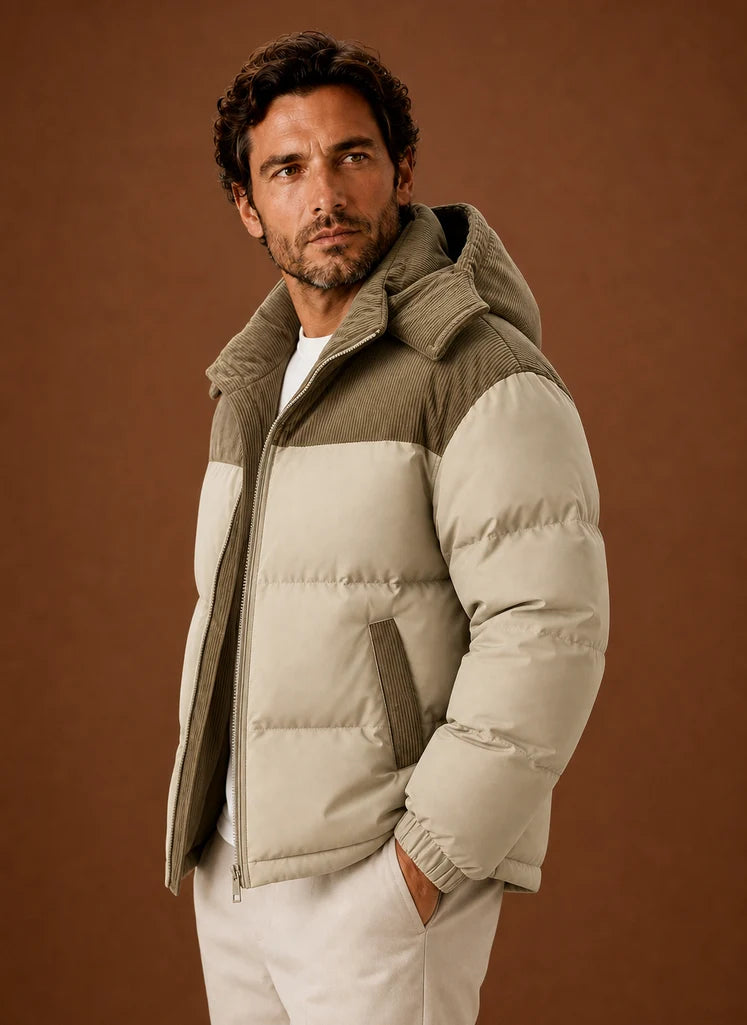 Men's Hooded Winter Puffer Jacket with Corduroy Collar, Tailored Fit 3