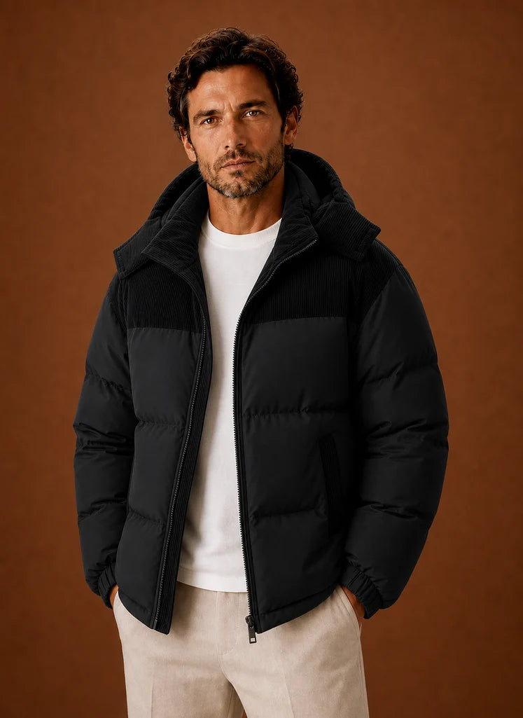 Men's Hooded Winter Puffer Jacket with Corduroy Collar, Tailored Fit 4