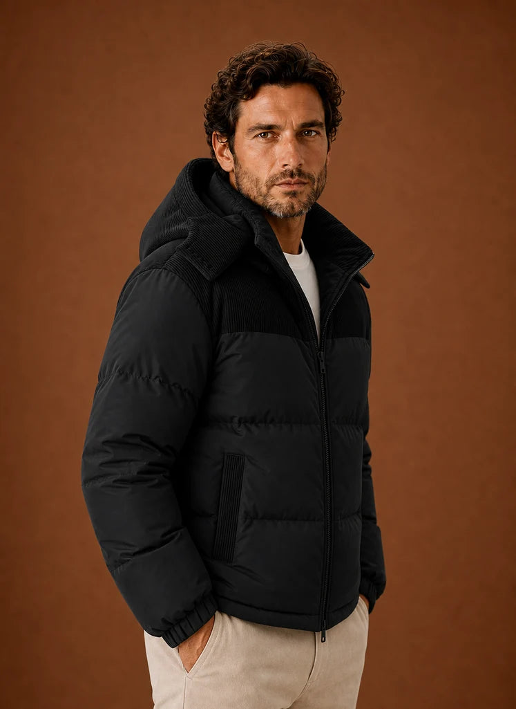 Men's Hooded Winter Puffer Jacket with Corduroy Collar, Tailored Fit 6