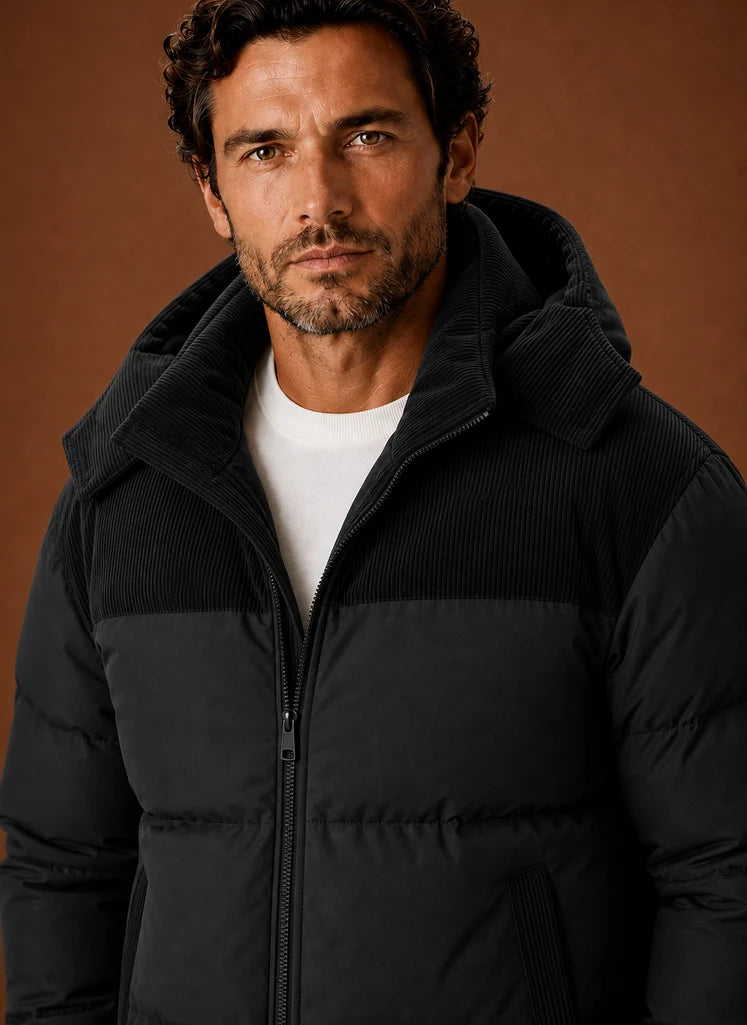 Men's Hooded Winter Puffer Jacket with Corduroy Collar, Tailored Fit 7
