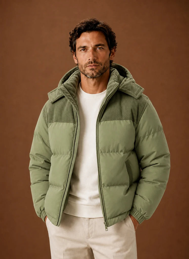 Men's Hooded Winter Puffer Jacket with Corduroy Collar, Tailored Fit 8