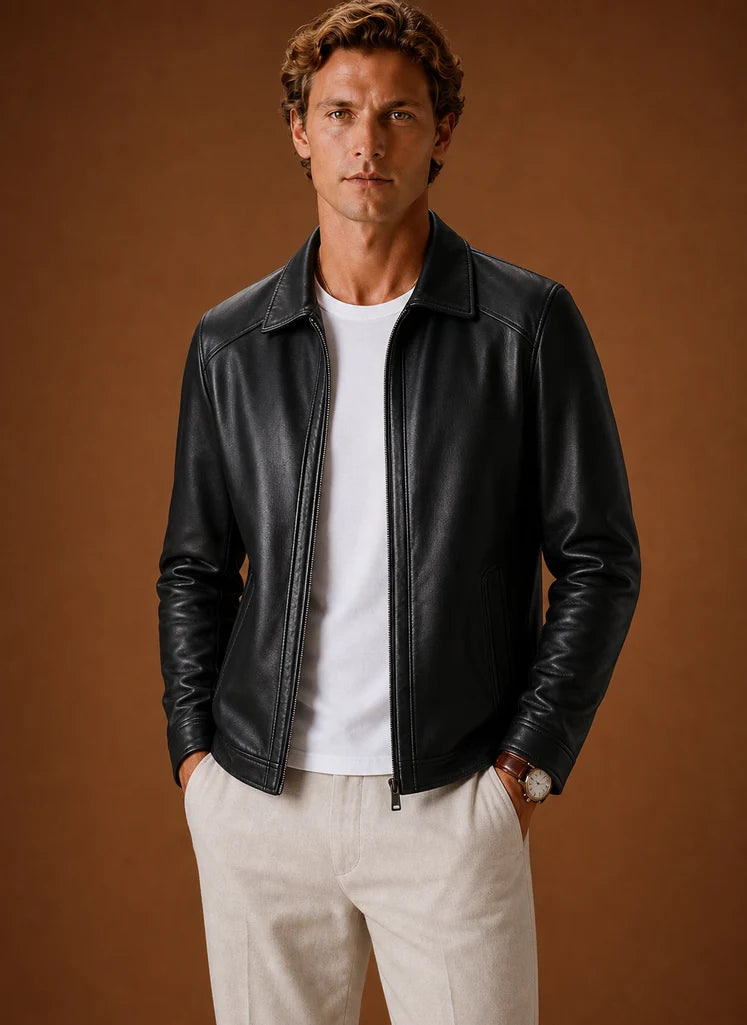 Men's Lightweight Leather Look Zip Jacket with Classic Collar 0