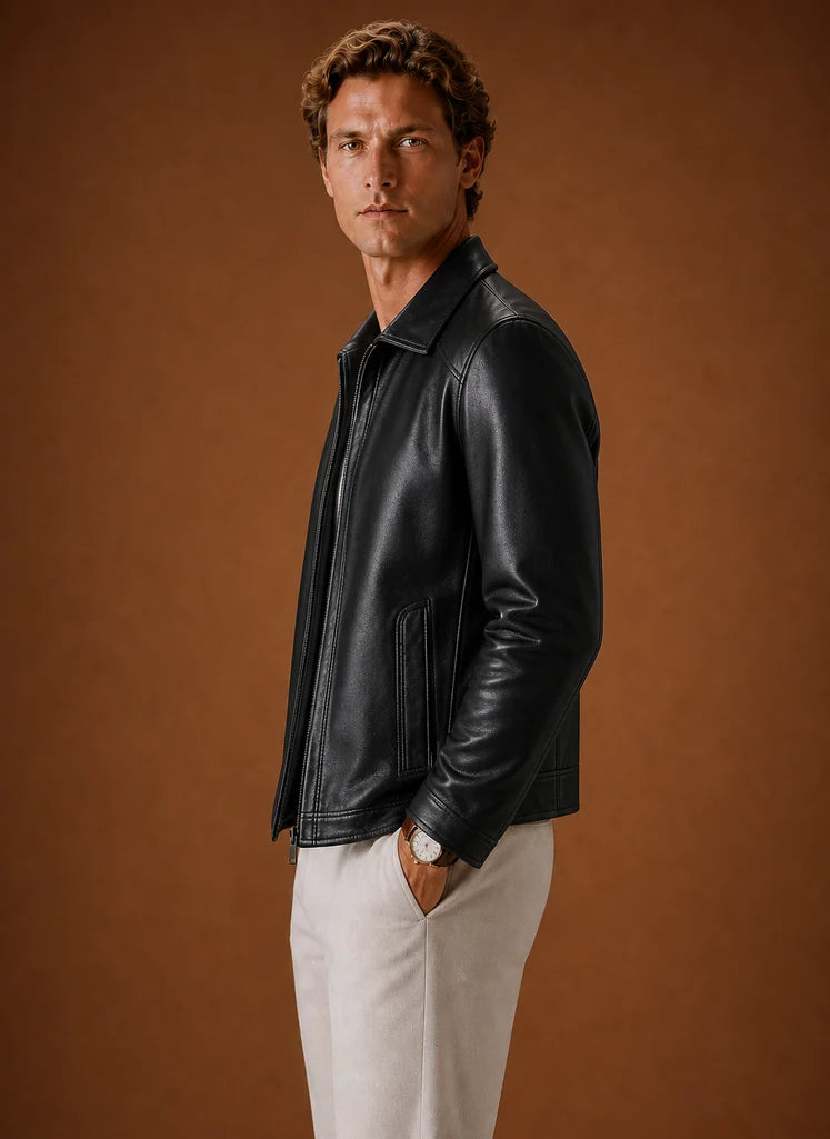 Men's Lightweight Leather Look Zip Jacket with Classic Collar 1