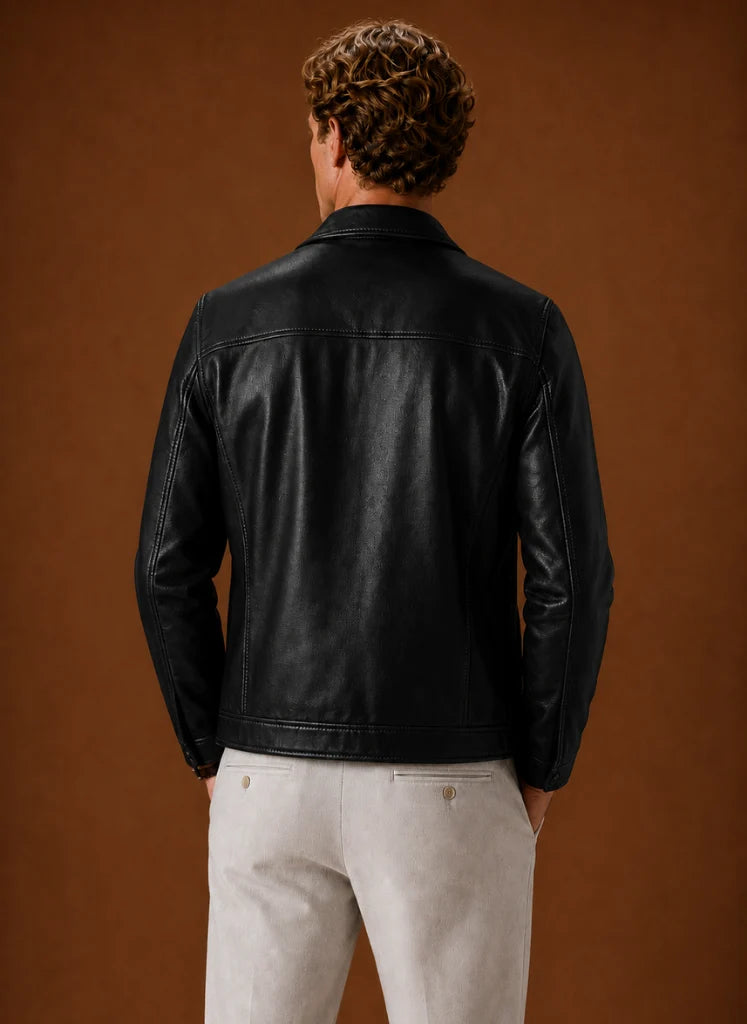 Men's Lightweight Leather Look Zip Jacket with Classic Collar 2