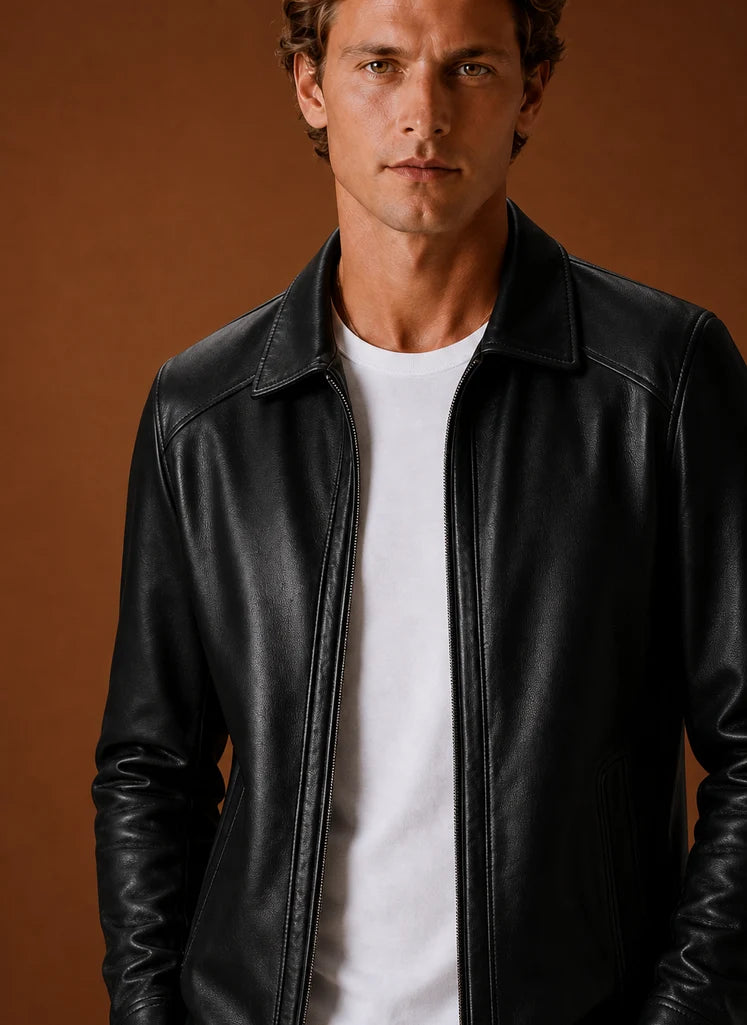 Men's Lightweight Leather Look Zip Jacket with Classic Collar 3
