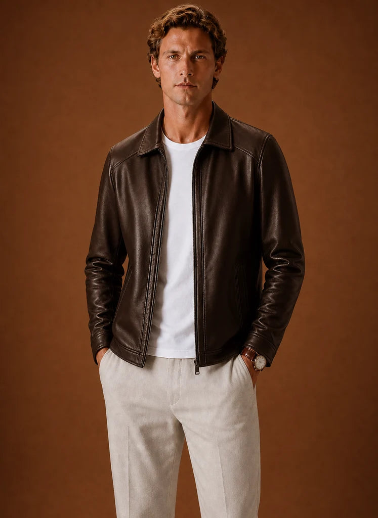 Men's Lightweight Leather Look Zip Jacket with Classic Collar 4