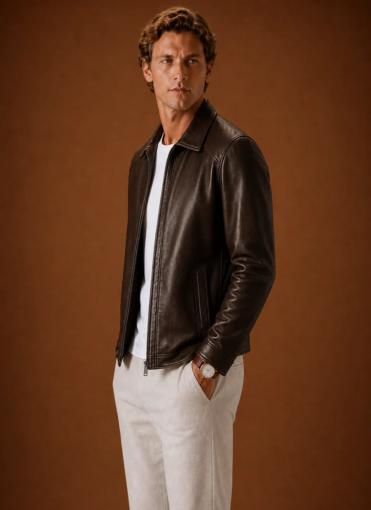 Men's Lightweight Leather Look Zip Jacket with Classic Collar 5
