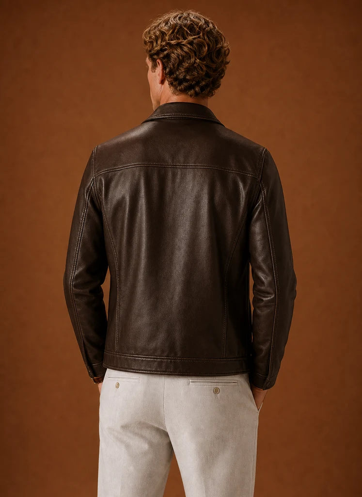 Men's Lightweight Leather Look Zip Jacket with Classic Collar 6