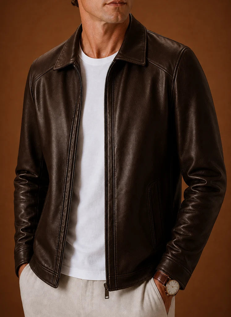 Men's Lightweight Leather Look Zip Jacket with Classic Collar 7