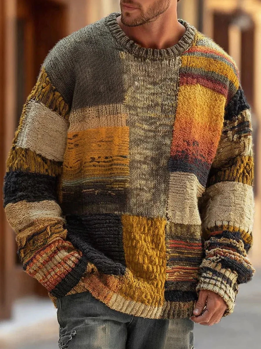 Men's Patchwork Color-Block Crewneck Sweater with Mixed Knit Textures 0