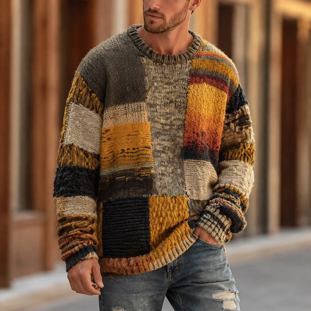 Men's Patchwork Color-Block Crewneck Sweater with Mixed Knit Textures 1