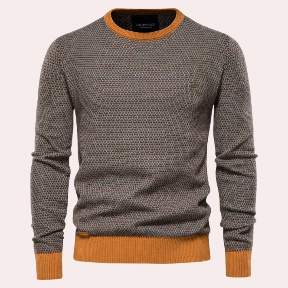 Men's Printed Knit Sweater with Round Neck and Ribbed Details 1