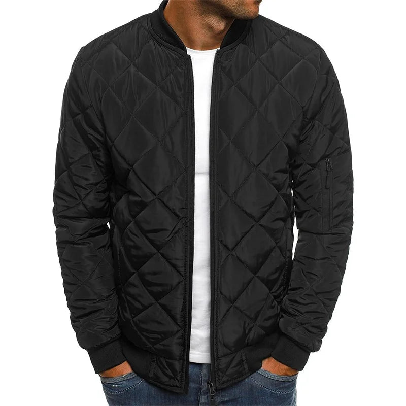 Men's quilted bomber jacket featuring ribbed trim and a zip pocket, perfect for stylish warmth and functionality. 3