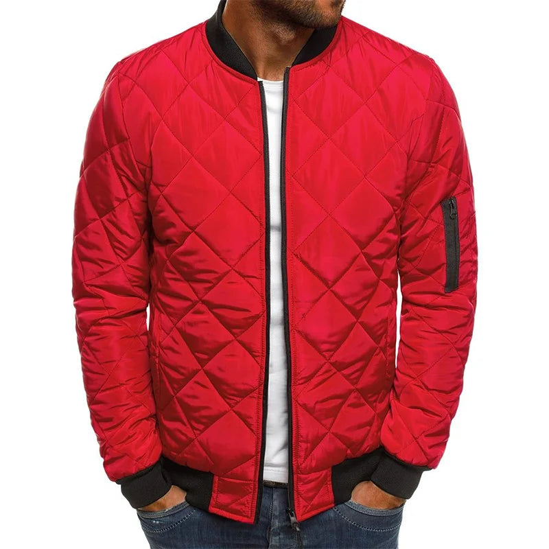 Men's quilted bomber jacket featuring ribbed trim and a zip pocket, perfect for stylish warmth and functionality. 4