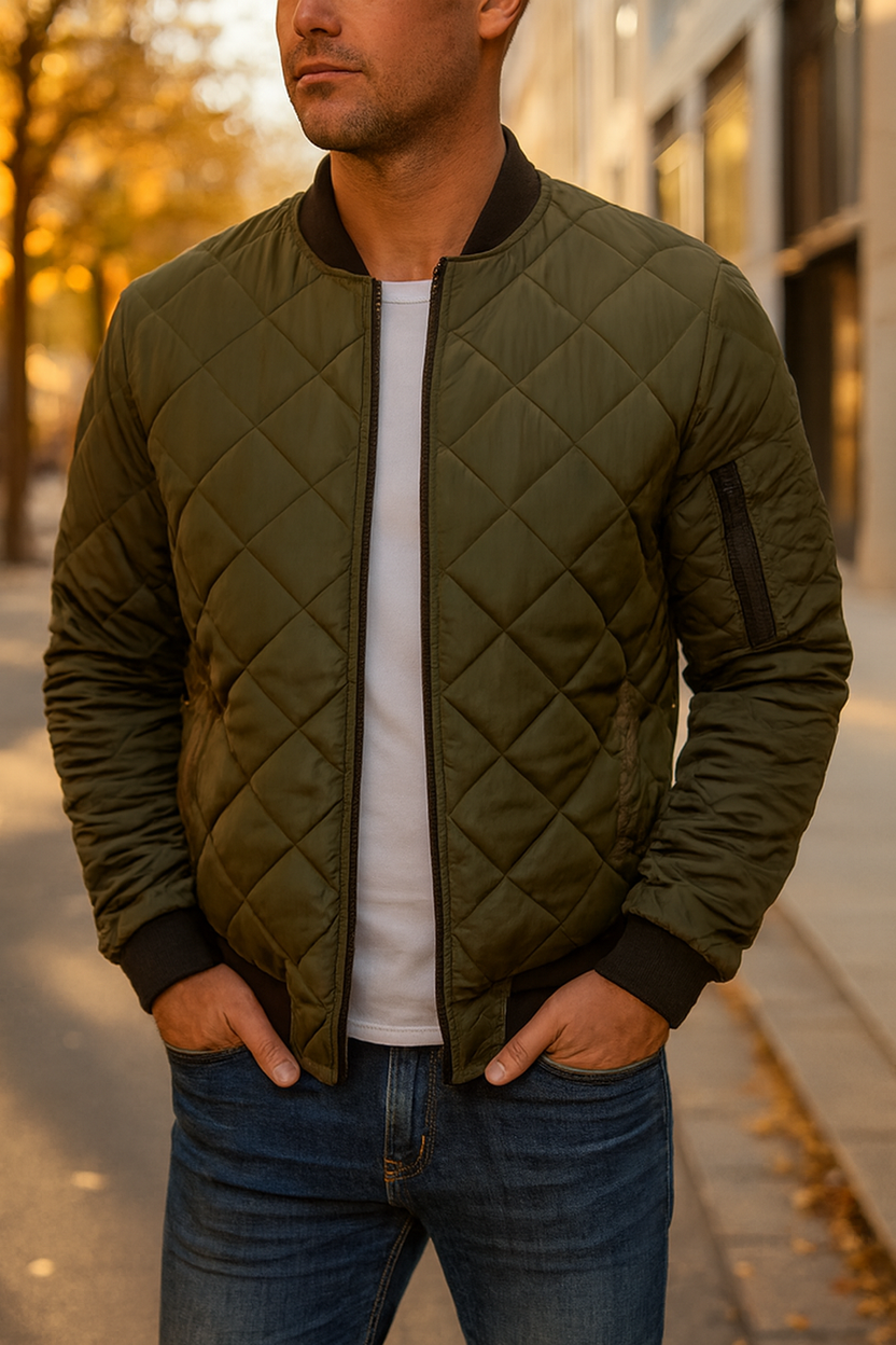 Men's quilted bomber jacket featuring ribbed trim and a zip pocket, perfect for stylish warmth and functionality. 6