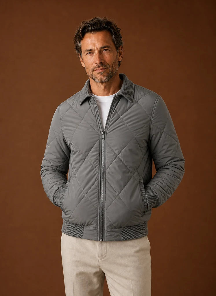 Men's Quilted Bomber Jacket with Zip Closure and Ribbed Trim 0