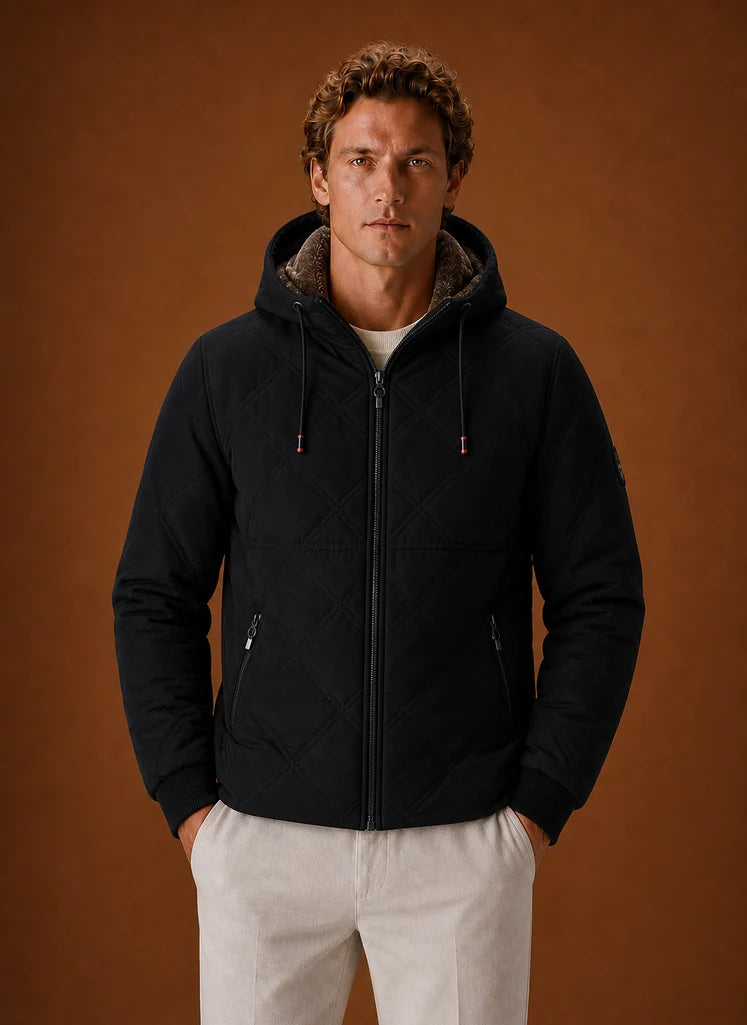 Men's Quilted Hooded Puffer Jacket with Faux-Fur Lining 0