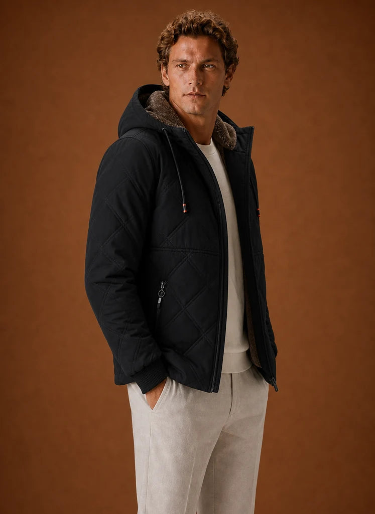 Men's Quilted Hooded Puffer Jacket with Faux-Fur Lining 1