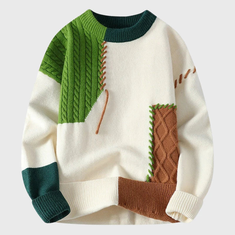 Men's Relaxed Fit Color-Block Knit Sweater with Contrast Stitching 1