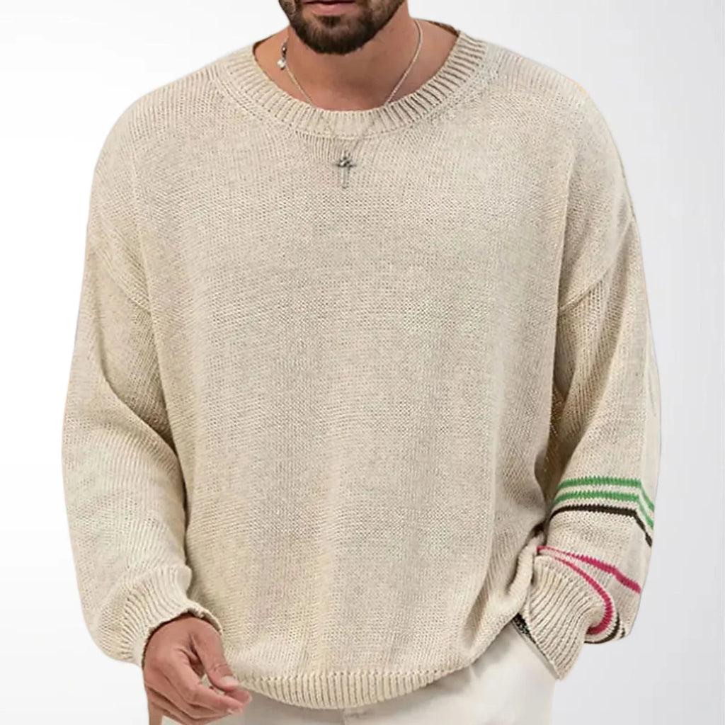 Men's Relaxed Fit Crew Neck Sweater with Contrast Sleeve Stripes 0