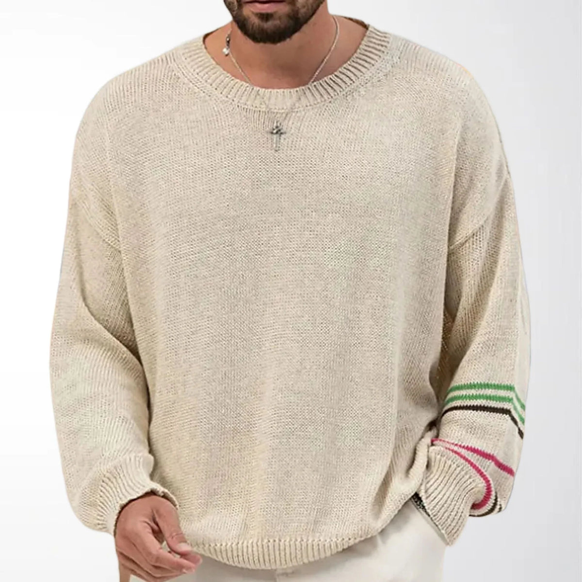 Men's Relaxed Fit Crew Neck Sweater with Contrast Sleeve Stripes 0