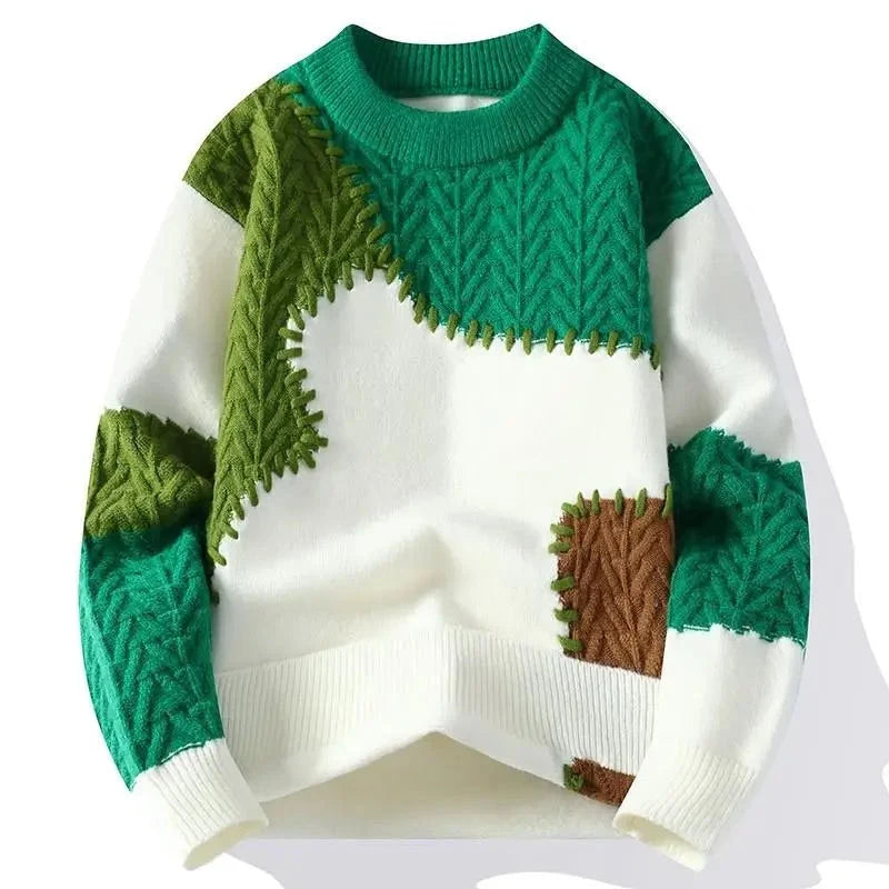 Men's Relaxed Fit Crewneck Sweater with Patchwork Knit Panels 0