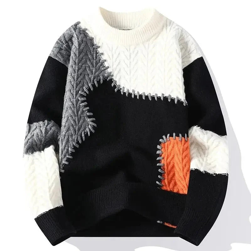 Men's Relaxed Fit Crewneck Sweater with Patchwork Knit Panels 1