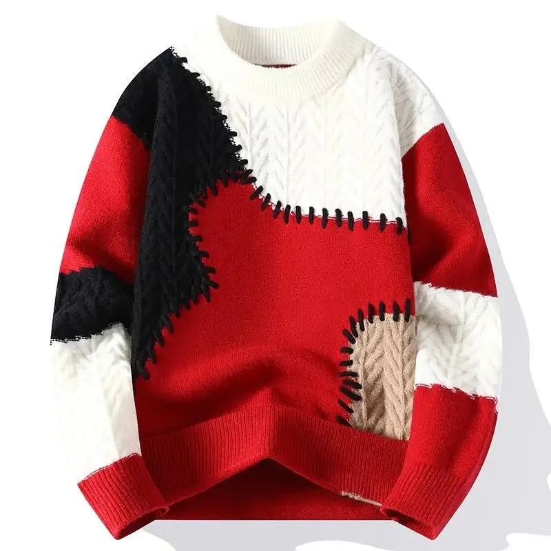 Men's Relaxed Fit Crewneck Sweater with Patchwork Knit Panels 2