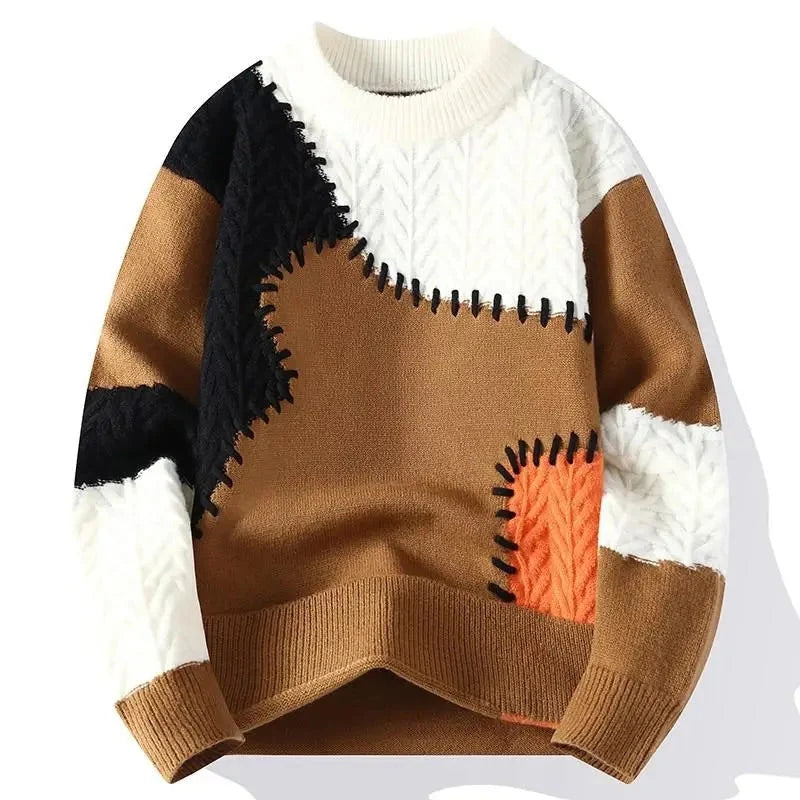 Men's Relaxed Fit Crewneck Sweater with Patchwork Knit Panels 3