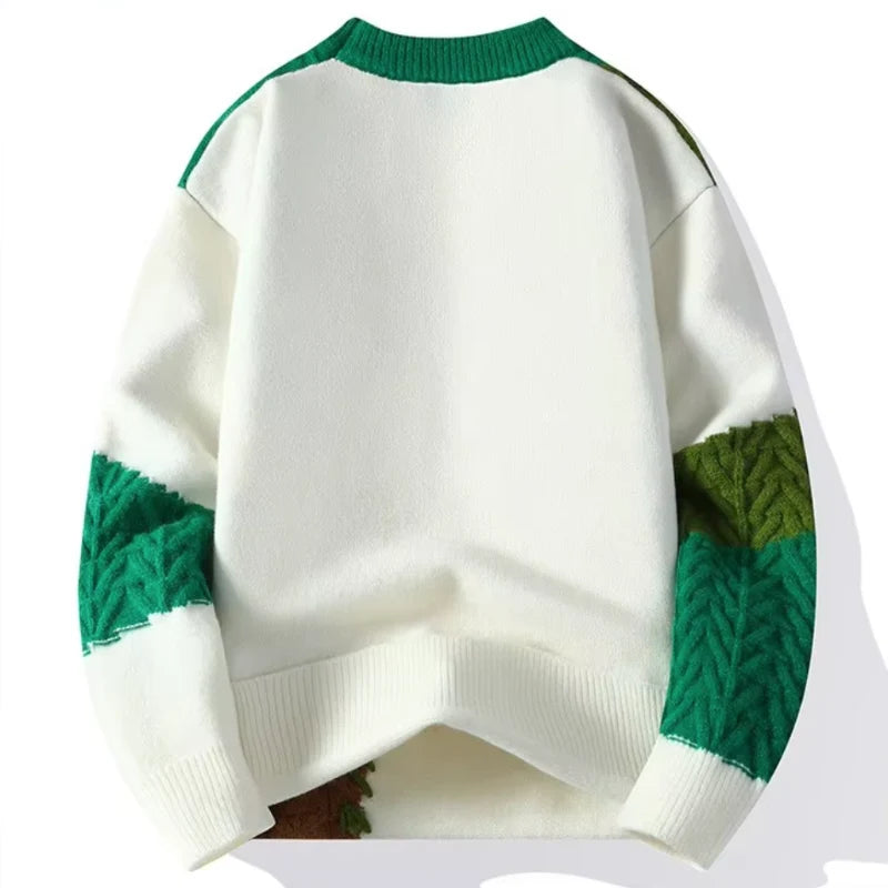 Men's Relaxed Fit Crewneck Sweater with Patchwork Knit Panels 4