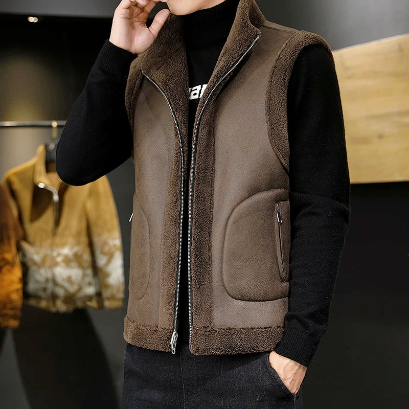 Men's Reversible Sherpa Fleece Sleeveless Bodywarmer with Stand-Up Collar 1