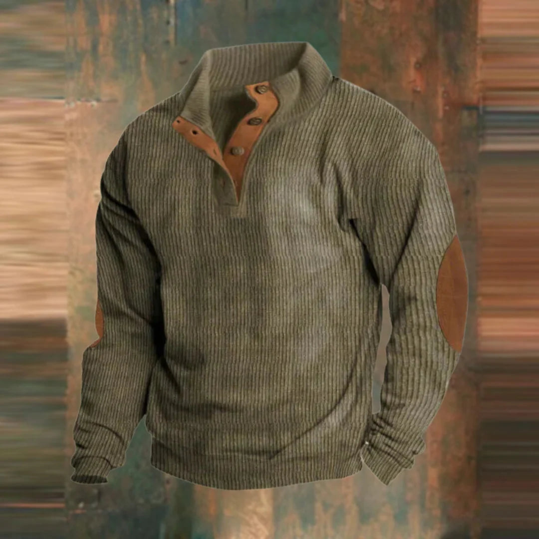 Men's Ribbed Button Neck Sweater with Patch Detail for Casual Style 0