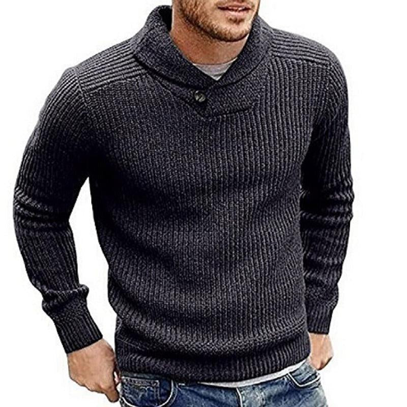 Men's Ribbed Shawl Collar Sweater with Button Detail for Casual Wear 1