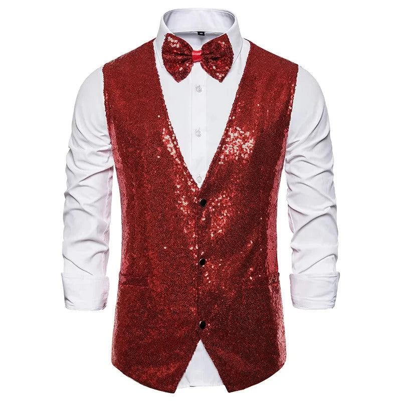 Men's Sequin Waistcoat with Deep V-Neck and Button Closure 2