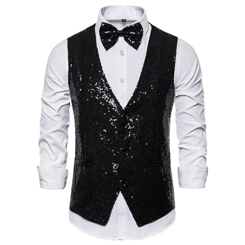 Men's Sequin Waistcoat with Deep V-Neck and Button Closure 4