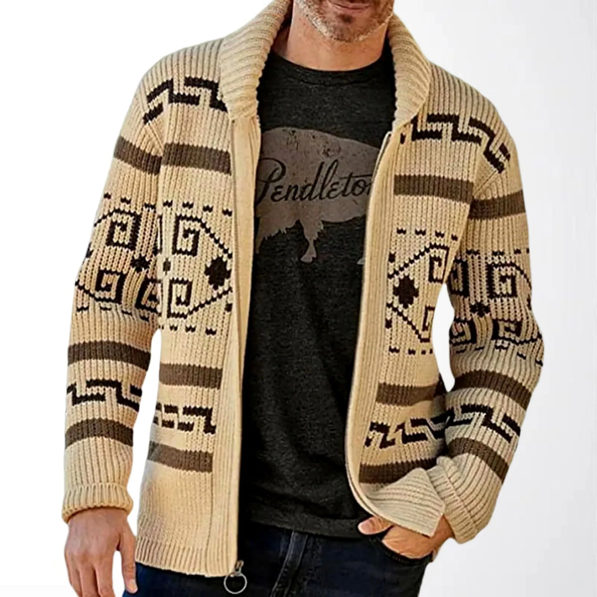 Men's Shawl Collar Zip-Up Cardigan with Geometric Pattern 0