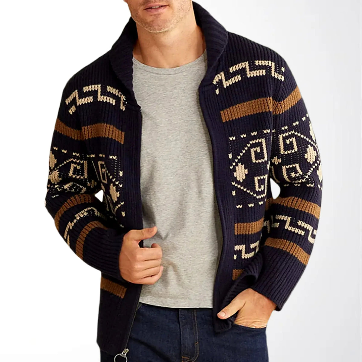 Men's Shawl Collar Zip-Up Cardigan with Geometric Pattern 1