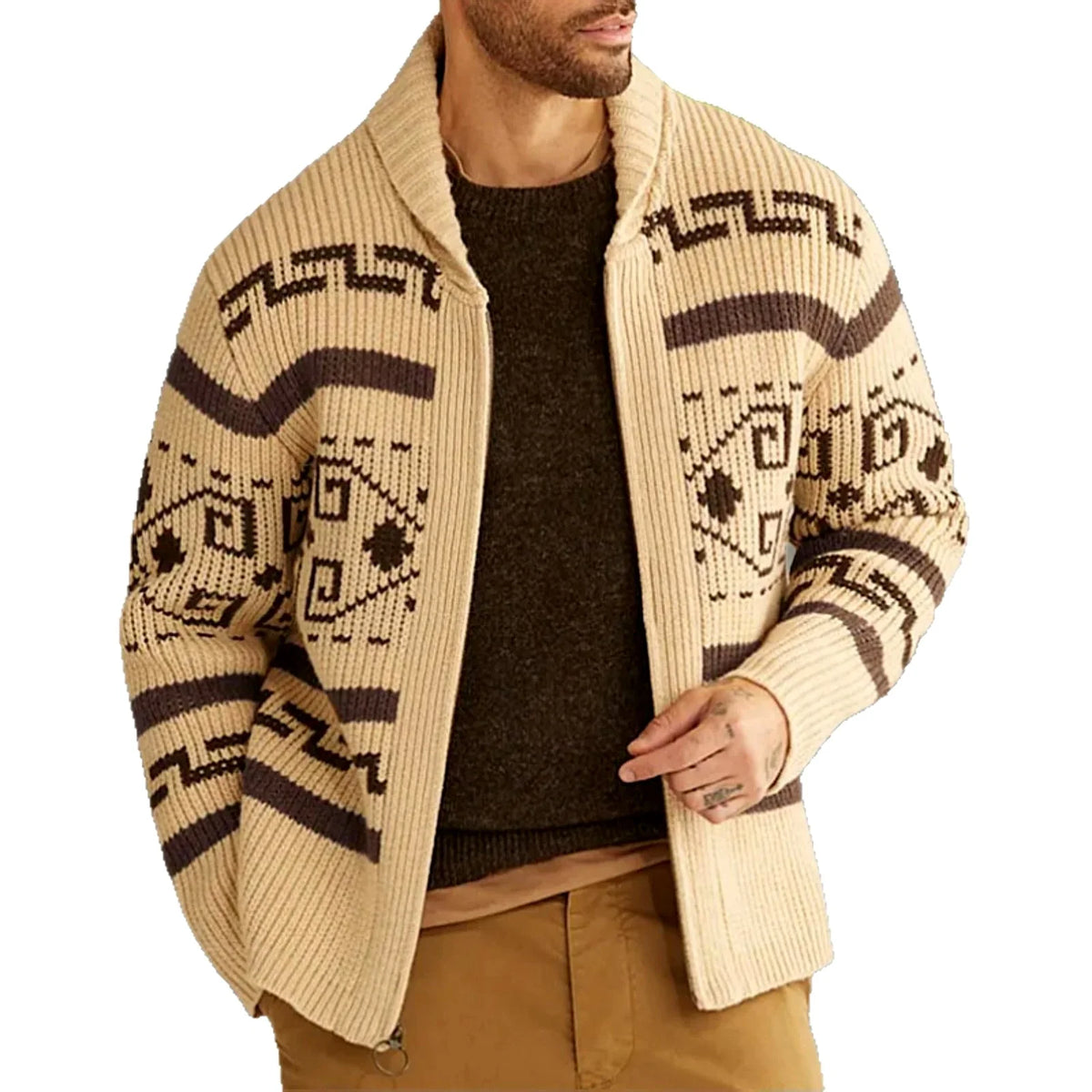 Men's Shawl Collar Zip-Up Cardigan with Geometric Pattern 2