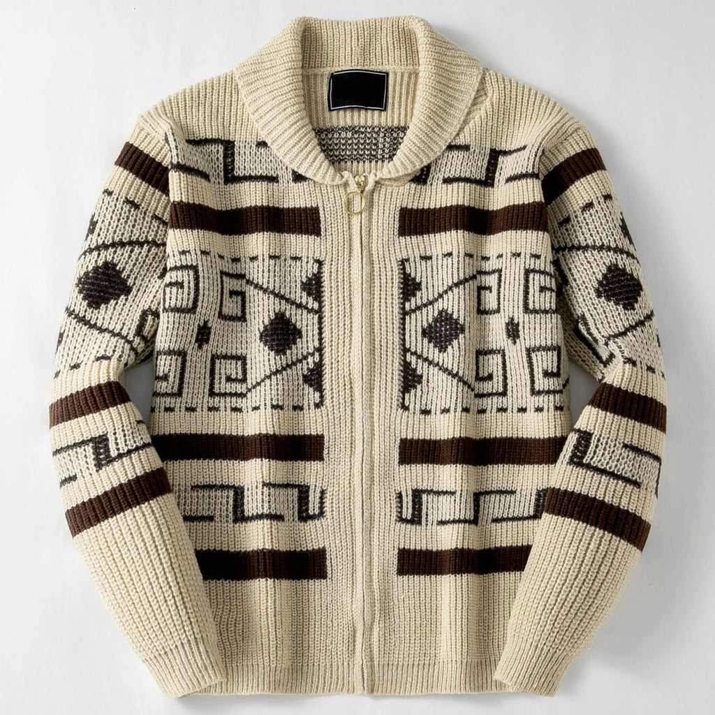 Men's Shawl Collar Zip-Up Cardigan with Geometric Pattern 3