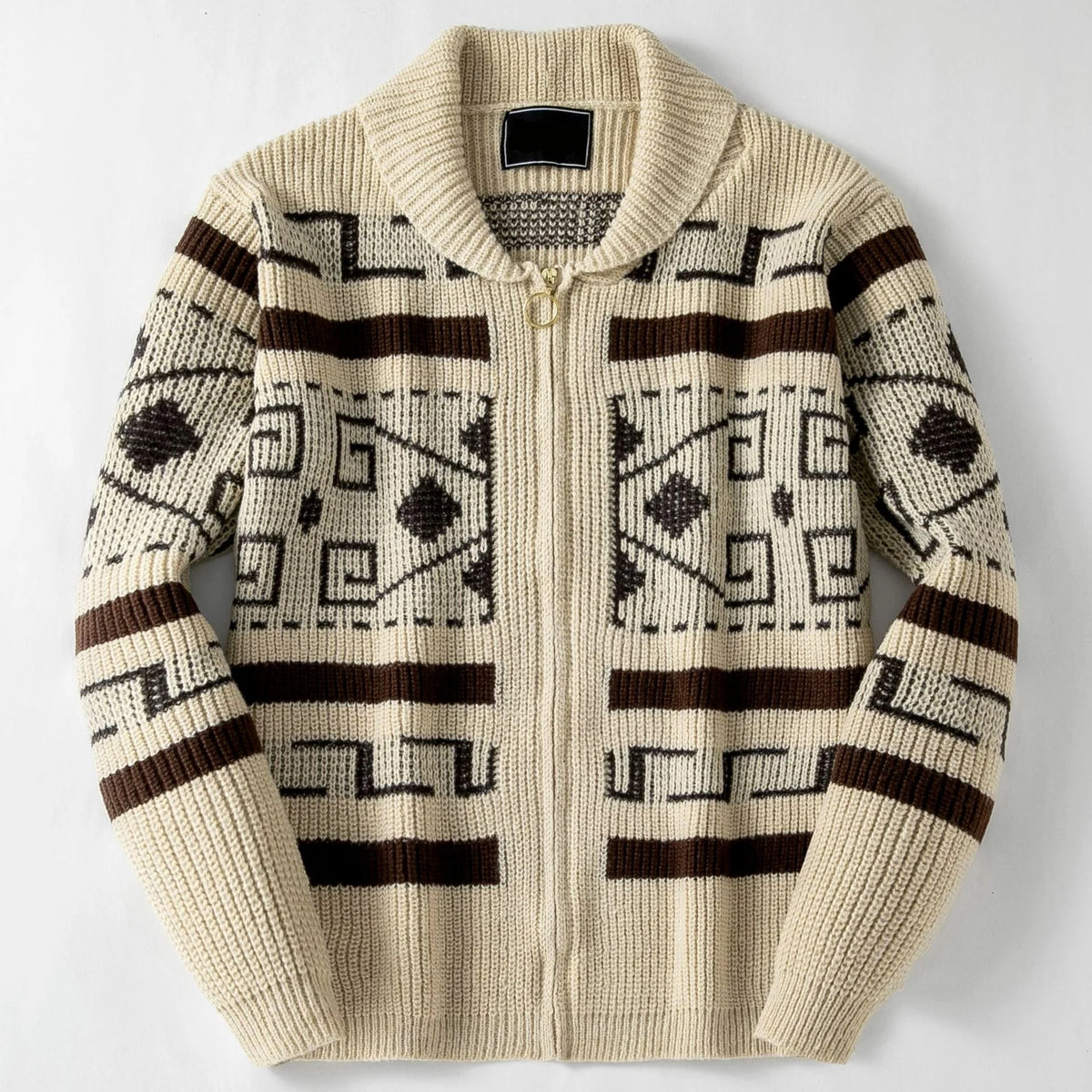 Men's Shawl Collar Zip-Up Cardigan with Geometric Pattern 3