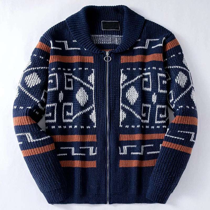 Men's Shawl Collar Zip-Up Cardigan with Geometric Pattern 4