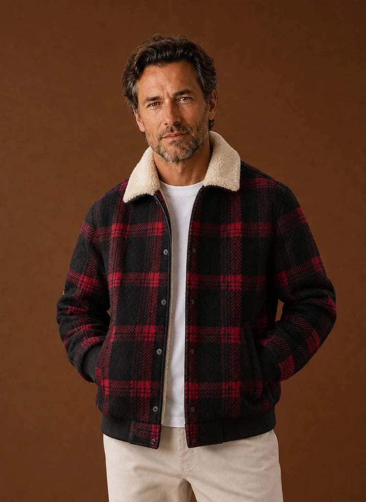 Men's Sherpa-Lined Plaid Bomber Jacket for Winter Casual Wear 0