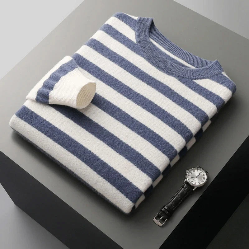 Men's Striped Wool Blend Knit Sweater with Ribbed Cuffs 0
