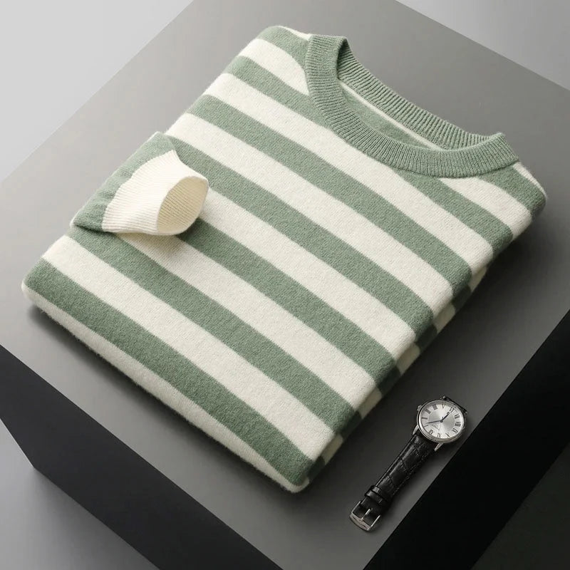 Men's Striped Wool Blend Knit Sweater with Ribbed Cuffs 1